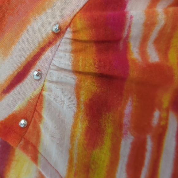 John Paul Richard Petite Sz L Orange, Fuchsia, Yellow and White Short Sleeve Top - Picture 3 of 5